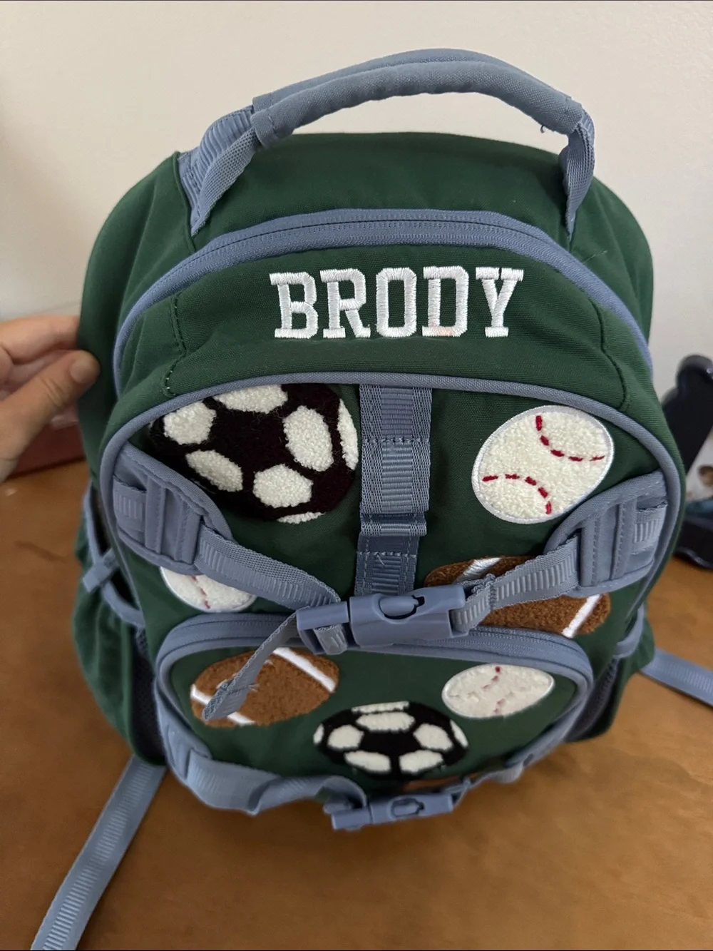 Pottery Barn Kids Green Sports Patch Backpack with Gray Straps: Small